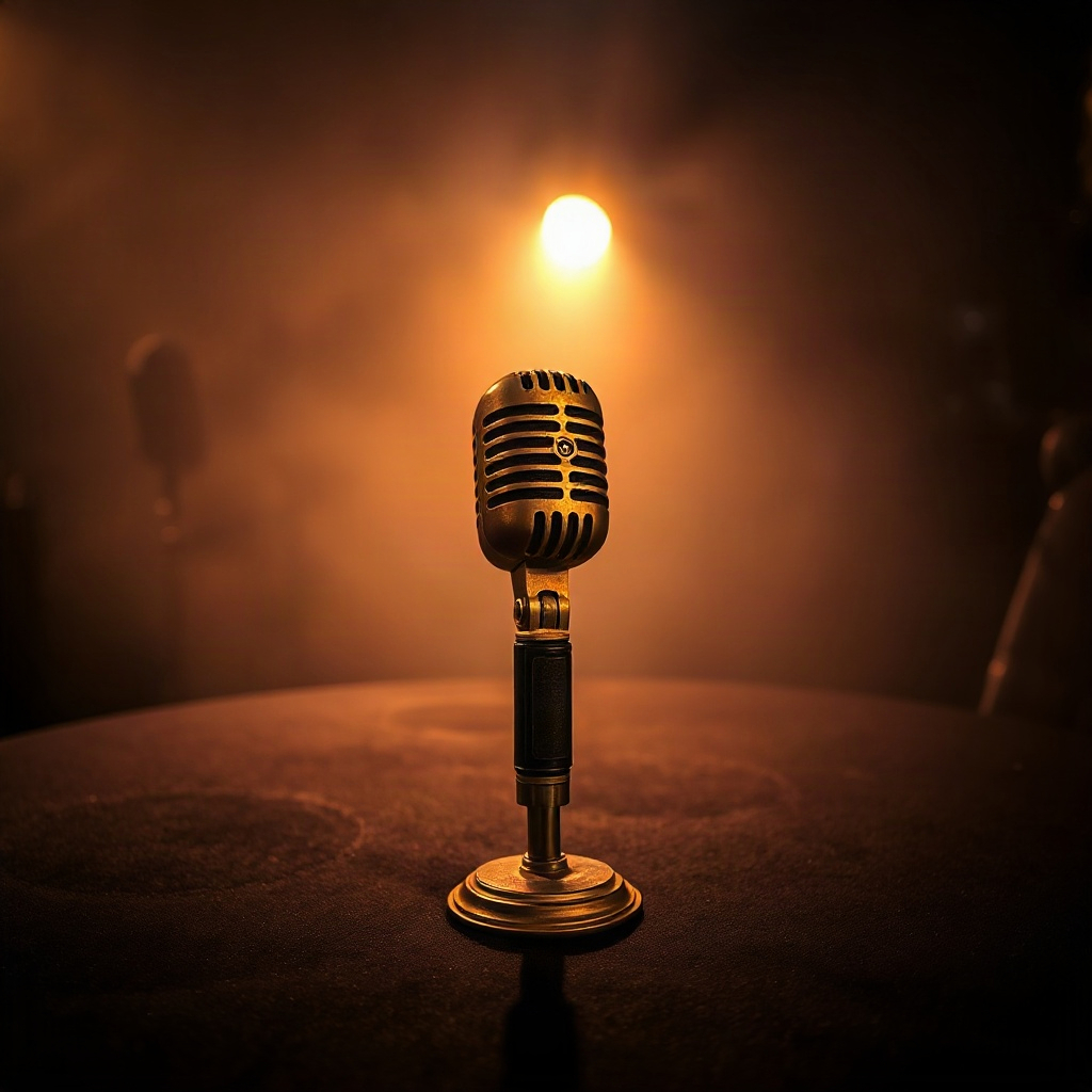 Vintage microphone under a lime spotlight