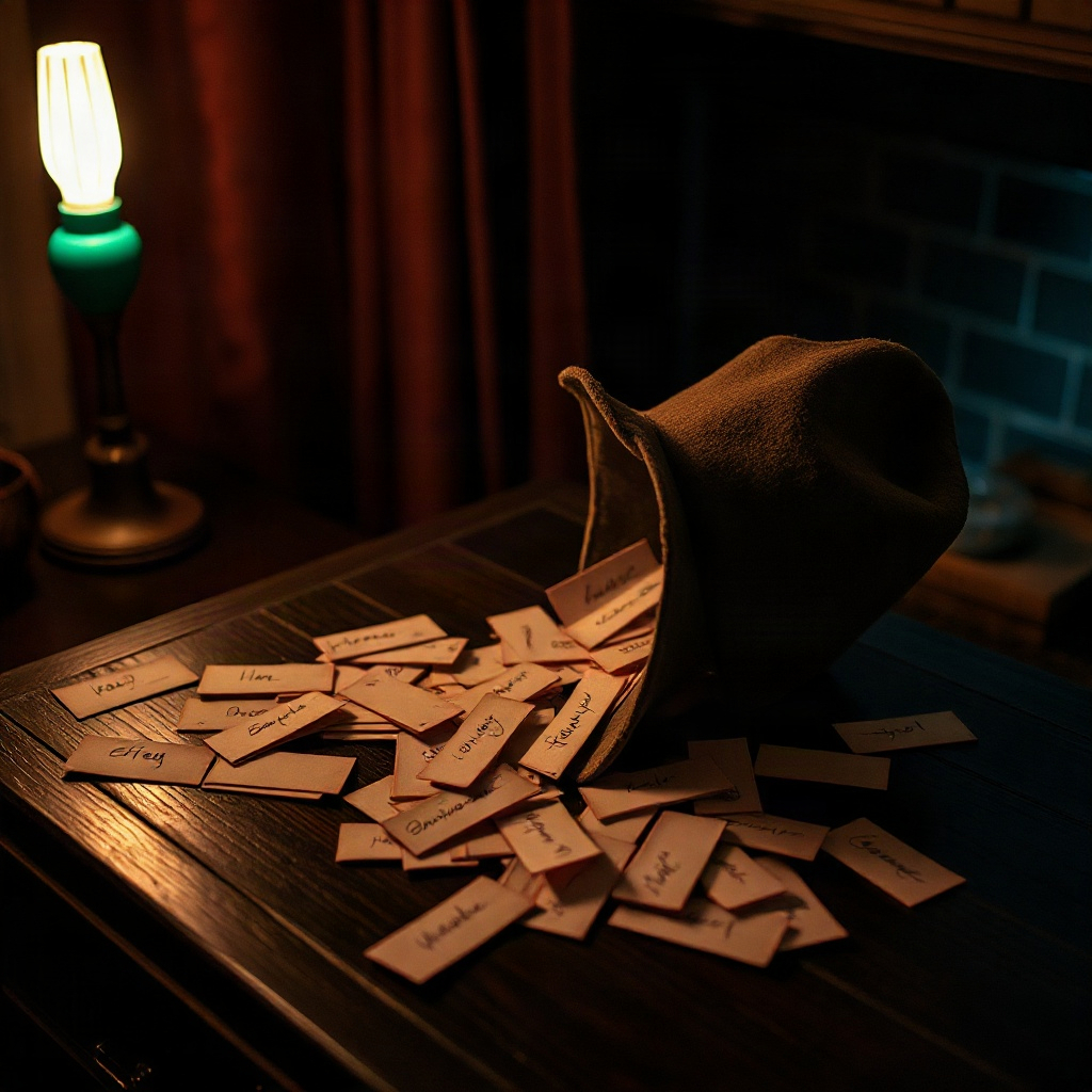 A felt hat spilling word slips onto a dark table