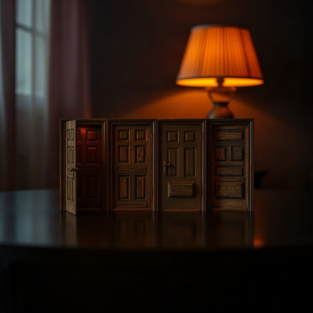 Four miniature wooden doors in a row