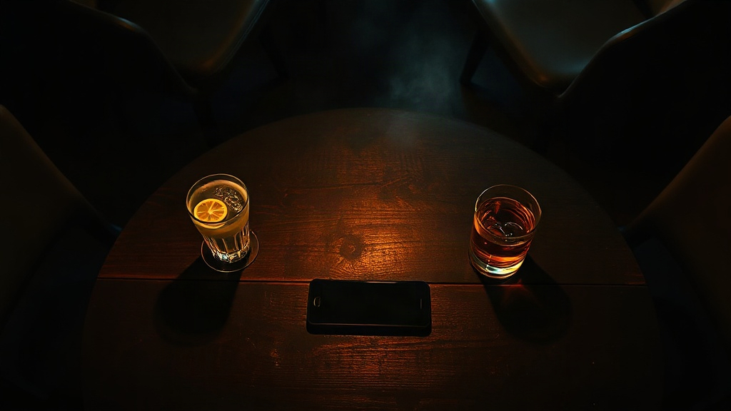 A night table with a lime drink, an amber drink, and a phone in the middle